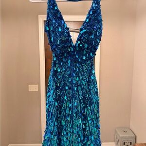 Sherri Hill Vibrant Blue Backless Dress, style number 56697